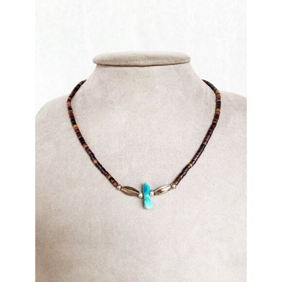 Sterling Silver Turquoise Heishi Beads Necklace Genuine Gemstones Nugget Pendant - Picture 2 of 5